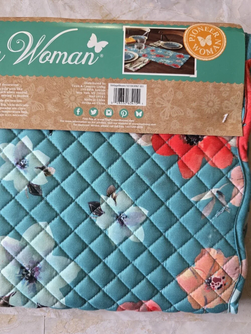 Pioneer Woman Vintage Bloom Reversible Quilted Table Runner 14x72 Cottagecore